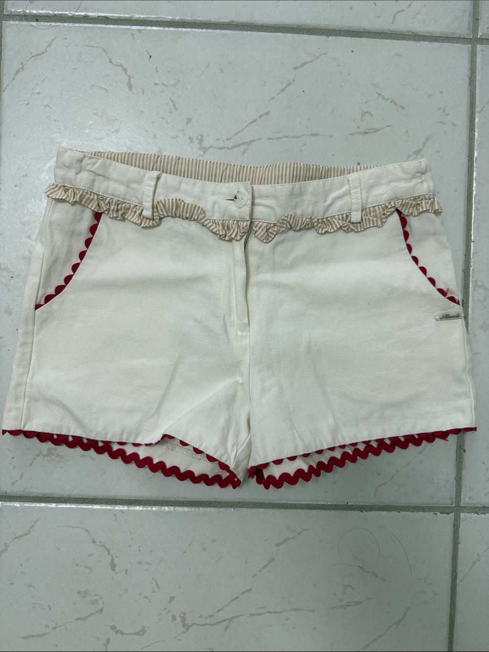 Girls Cream Shorts with Red Scallop Trim